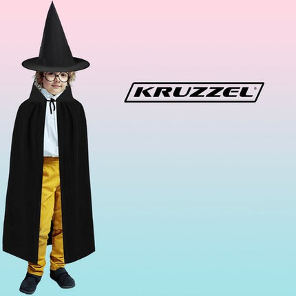 Kruzzel Tovenaar Kostuumset - 4-Delig - Met Mantel, Hoed & Toverstaf - Zwart