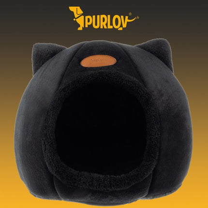 Purlov Pluche Kattenhuisje met Oren - 37 x 34 cm - Zwart - Wasbaar