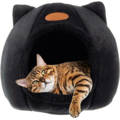Purlov Pluche Kattenhuisje met Oren - 37 x 34 cm - Zwart - Wasbaar
