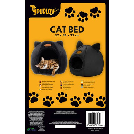 Purlov Pluche Kattenhuisje met Oren - 37 x 34 cm - Zwart - Wasbaar