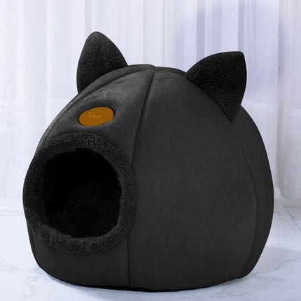Purlov Pluche Kattenhuisje met Oren - 37 x 34 cm - Zwart - Wasbaar
