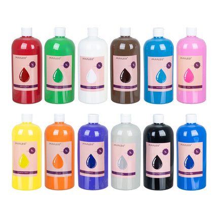Maaleo Plakkaatverf Set - 12 x 1 Liter - Professionele Kleurenset