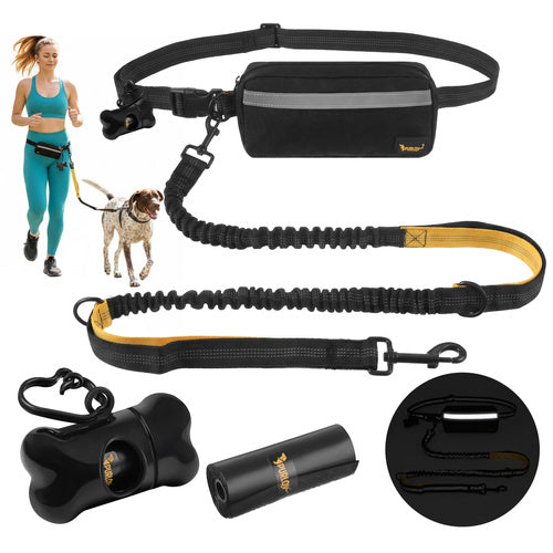 Purlov Hardloopriem met Heupgordel - 2 Meter - Tot 50 kg - Zwart/Geel
