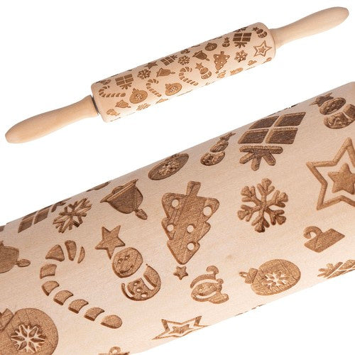 Ruhhy 22039 Houten Deegroller met Kerstmotief - 40 cm - Beukenhout