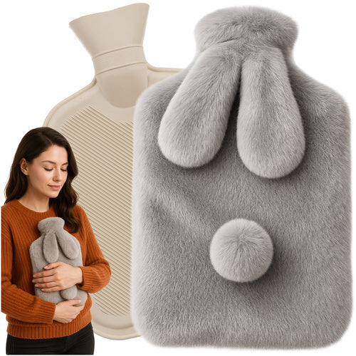 Ruhhy 26383 Rubberen Kruik met Pluche Konijn Hoes - 1,8L - Grijs/Beige