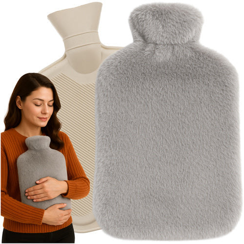 Ruhhy Rubberen Warmwaterkruik met Pluche Hoes - 3,5 Liter - Grijs/Beige