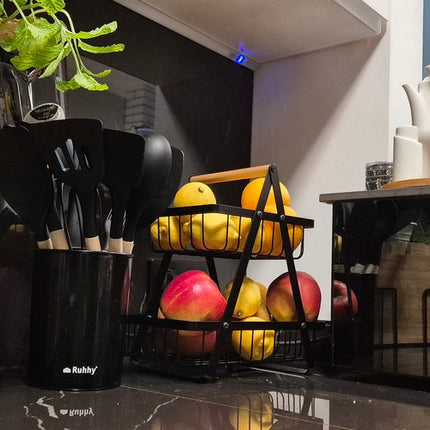 Ruhhy 24265 Etagère Fruitmand 2-Laags - Metaal en Hout - Zwart