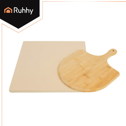 Ruhhy 26916 Pizzasteen met Bamboeschep - 38 x 36 cm - Cordieriet