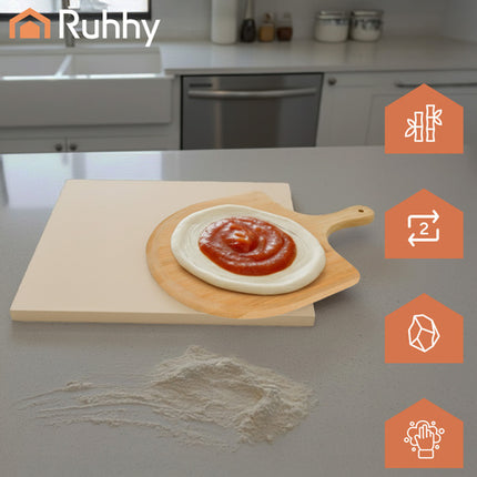 Ruhhy 26916 Pizzasteen met Bamboeschep - 38 x 36 cm - Cordieriet
