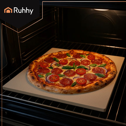 Ruhhy 26916 Pizzasteen met Bamboeschep - 38 x 36 cm - Cordieriet