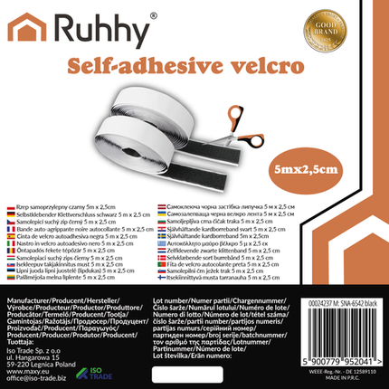Ruhhy Zelfklevend Klittenband - 5m x 2,5cm - Zwart - Universeel