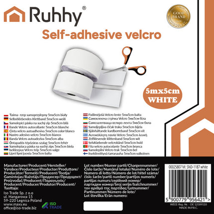 Ruhhy Zelfklevende Klittenband - 5 m x 5 cm - Wit - Sterke Lijmlaag