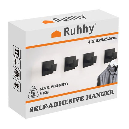 Ruhhy Zelfklevende Handdoekhaken - Set van 4 - Mat Zwart - Loft Design