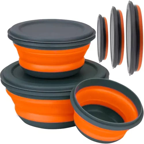 Ruhhy 20781 Opvouwbare Siliconen Bewaarbakjes - 3 Stuks - Met Deksel - Grijs/Oranje