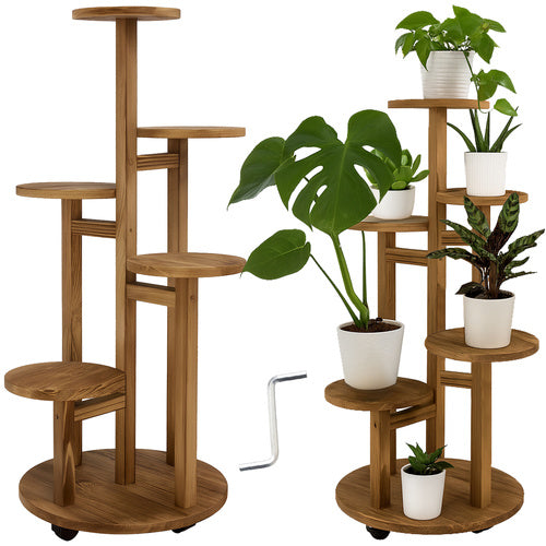 Ruhhy Houten Plantenstandaard - 86 cm - 7 Plateaus - Verrijdbaar