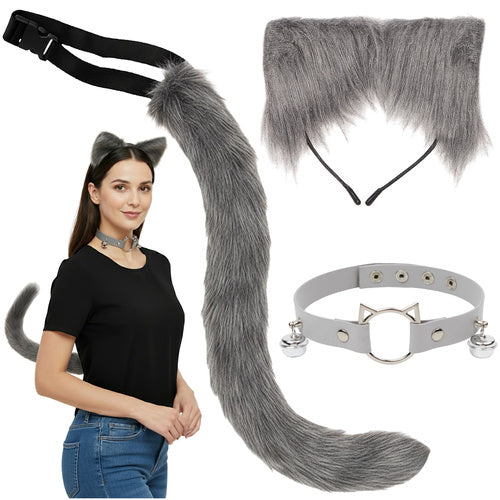 Ruhhy Kat/Vos Kostuumset - 3-Delig - Oortjes, Staart & Choker - Grijs