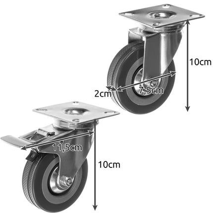 Malatec Zwenkwielen Set - 75 mm - Met Rem - 220 kg - 4 Stuks