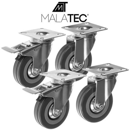 Malatec Zwenkwielen Set - 75 mm - Met Rem - 220 kg - 4 Stuks