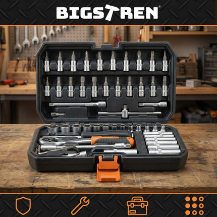 Bigstren Gereedschapsset - 56-delig - 1/4" Doppen & Ratels - CrV-Staal
