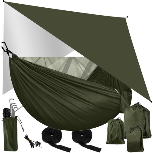 Trizand Bushcraft Hangmat - 2-Persoons - Met Tarp & Klamboe - 260x140 cm - Khaki