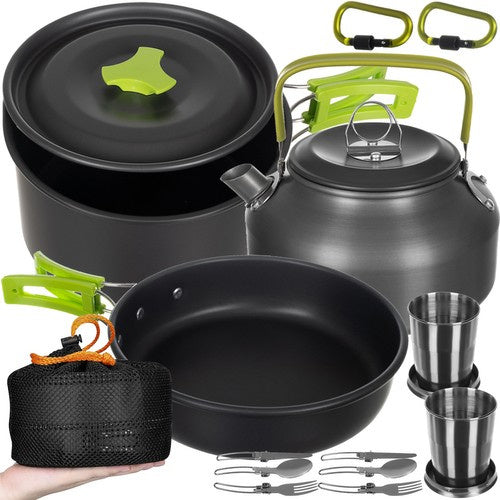 Trizand Kampeerservies Set - 18-delig - Voor 2 Personen - Anti-aanbak - Zwart/Groen