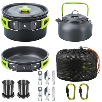 Trizand Kampeerservies Set - 18-delig - Voor 2 Personen - Anti-aanbak - Zwart/Groen