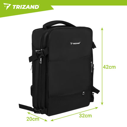 Trizand Reisrugzak - Zwart - 40 x 20 x 25 cm - USB-poort - Handbagage