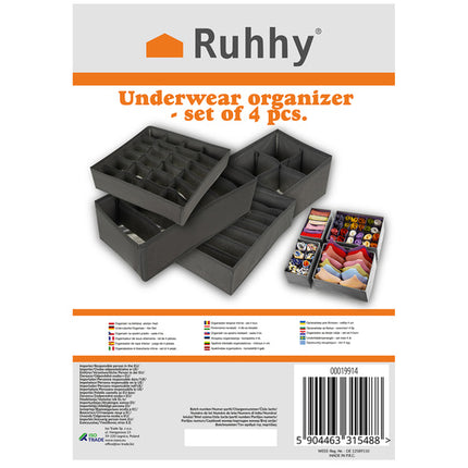 Ruhhy Ondergoed Organizer Set - 4 Delig - Ladeverdelers - Grijs