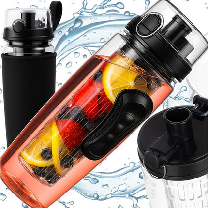 Trizand Sportbidon 1 Liter - Met Fruitfilter en Beschermhoes - Zwart