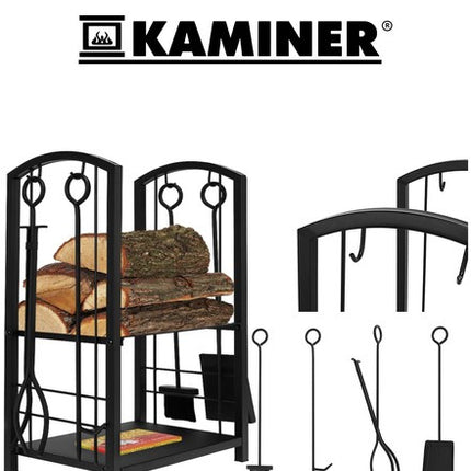 Kaminer Haardhoutrek met Haardstel - 4-delig - Zwart - 73 cm