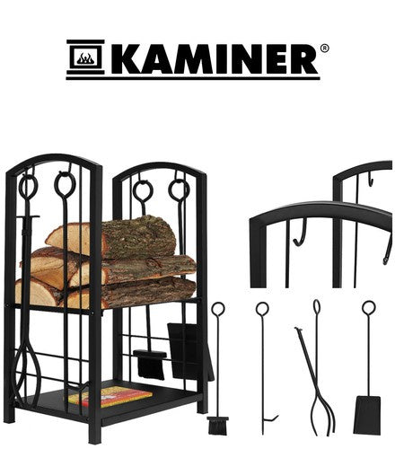 Kaminer Haardhoutrek met Haardstel - 4-delig - Zwart - 73 cm