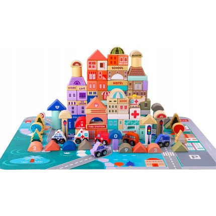 Kruzzel Houten Blokkenstad - 115-delig - Inclusief Puzzelmat