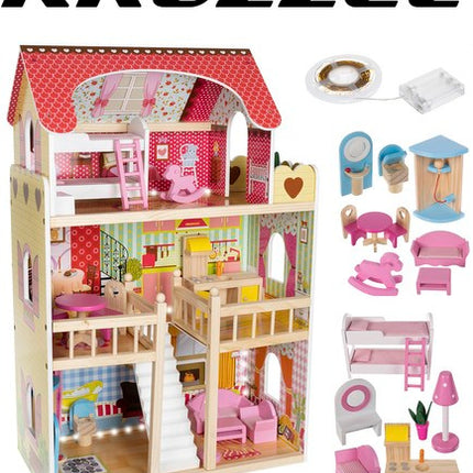 Kruzzel Houten Poppenhuis Villa - 90 cm - Inclusief Ledverlichting en Meubels