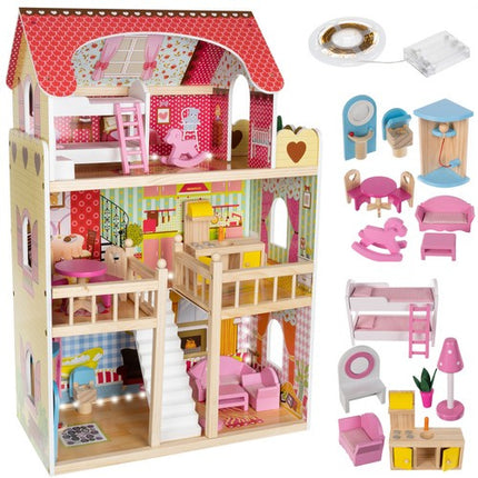 Kruzzel Houten Poppenhuis Villa - 90 cm - Inclusief Ledverlichting en Meubels