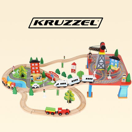 Kruzzel Houten Treinset - 88-Delig - Met Batterijtrein en Haven