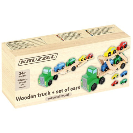Kruzzel Houten Transporttruck - Inclusief Trailer en 4 Auto's