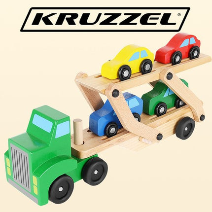 Kruzzel Houten Transporttruck - Inclusief Trailer en 4 Auto's